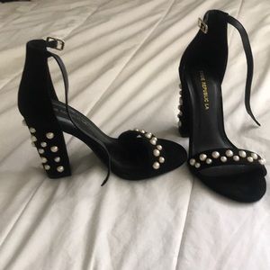 Black Block Heels with Pearl Detailing